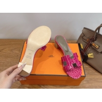 Luxurious Hermes Oasis Classic Heel Slides Sandal 4.5cm in Crocodile Embossed Leather Dark Pink 0304033