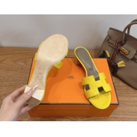Shop Duplicate Hermes Oasis Classic Heel Slides Sandal 4.5cm in Crocodile Embossed Leather Yellow 0304035