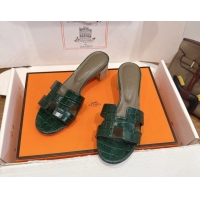 Most Popular Hermes Oasis Classic Heel Slides Sandal 4.5cm in Crocodile Embossed Leather Dark Green 0304037