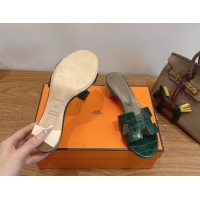 Most Popular Hermes Oasis Classic Heel Slides Sandal 4.5cm in Crocodile Embossed Leather Dark Green 0304037
