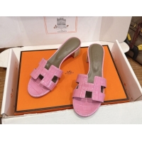 Unique Discount Hermes Oasis Classic Heel Slides Sandal 4.5cm in Crocodile Embossed Leather Pink 0304045