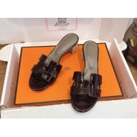 Lower Price Hermes Oasis Classic Heel Slides Sandal 4.5cm in Crocodile Embossed Leather Dark Burgundy 0304046