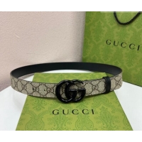 Top Quality Gucci Leather and GG Canvas Belt 3cm with GG Buckle GG102105 Black 2024