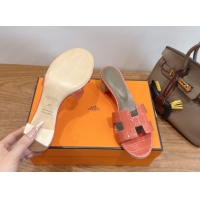 Grade Quality Hermes Oasis Classic Heel Slides Sandal 4.5cm in Crocodile Embossed Leather Coral Pink 0304047
