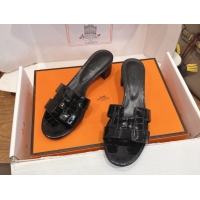 Sumptuous Hermes Oasis Classic Heel Slides Sandal 4.5cm in Crocodile Embossed Leather All Black 0304049