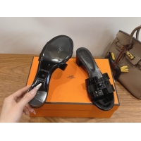 Sumptuous Hermes Oasis Classic Heel Slides Sandal 4.5cm in Crocodile Embossed Leather All Black 0304049