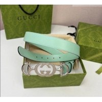 Low Price Gucci Calfskin Leather Belt 3cm with GG Chain GG102106 Light Green 2024
