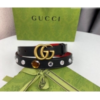 Promotional Gucci Calfskin Leather Belt 2cm with GG Buckle with Strass Stone GG102107 Black 2024