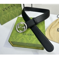 Good Taste Gucci Calfskin Leather Belt 4cm with Interlocking G Buckle 1127 Black/Silver 2024