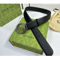 Top Grade Gucci Calfskin Leather Belt 4cm with Interlocking G Buckle 1127 Black/Gunmetal 2024