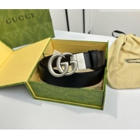 Big Discount Gucci Grained Calfskin Belt 3.7cm with Interlocking G Buckle 1127 Black/Silver 2024