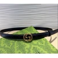 Luxury Cheap Gucci GG Embossed Leather Belt 2cm with Interlocking G Buckle 1127 Black/Gold 2024