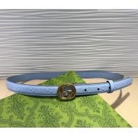 Well Crafted Gucci GG Embossed Leather Belt 2cm with Interlocking G Buckle 1127 Blue/Gold 2024
