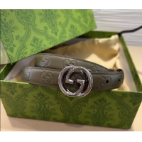 Luxury Cheap Gucci GG Embossed Leather Belt 2cm with Interlocking G Buckle 1127 Green/Silver 2024
