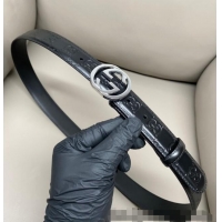 Discount Gucci Milano Maxi GG Embossed Leather Belt 3cm with Interlocking G Buckle GG010901 Black/Silver 2025