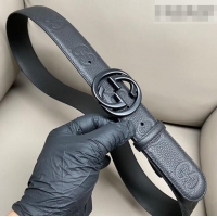 Luxury Cheap Gucci Milano Maxi GG Grained Leather Belt 4cm with Interlocking G Buckle GG010901 All Black 2025