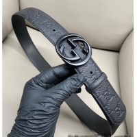Top Quality Gucci GG Embossed Grained Leather Belt 4cm with Interlocking G Buckle GG010902 All Black 2025