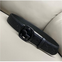 Top Quality Gucci GG Embossed Grained Leather Belt 4cm with Interlocking G Buckle GG010902 All Black 2025