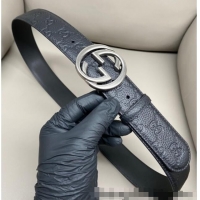 Low Price Gucci GG Embossed Grained Leather Belt 4cm with Interlocking G Buckle GG010902 Black/Aged Silver 2025