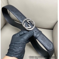 Low Price Gucci GG Embossed Grained Leather Belt 4cm with Interlocking G Buckle GG010902 Black/Aged Silver 2025