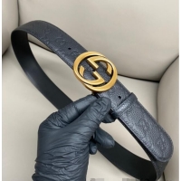 Promotional Gucci GG Embossed Grained Leather Belt 4cm with Interlocking G Buckle GG010902 Black/Aged Gold 2025