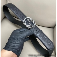 Best Price Gucci GG Embossed Grained Leather Belt 4cm with Interlocking G Buckle GG010902 Black/Shiny Silver 2025