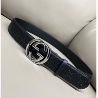 Best Price Gucci GG Embossed Grained Leather Belt 4cm with Interlocking G Buckle GG010902 Black/Shiny Silver 2025