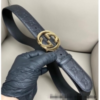 Luxury Cheap Gucci GG Embossed Grained Leather Belt 4cm with Interlocking G Buckle GG010902 Black/Shiny Gold 2025