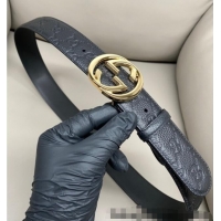 Luxury Cheap Gucci GG Embossed Grained Leather Belt 4cm with Interlocking G Buckle GG010902 Black/Shiny Gold 2025