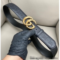 Buy Cheap Gucci GG Embossed Grained Leather Belt 4cm with GG Buckle GG010902 Black/Aged Gold 2025
