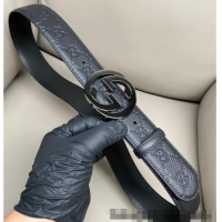 Top Design Gucci GG Embossed Grained Leather Belt 4cm with Interlocking G Buckle GG010902 Black/Gunmetal 2025