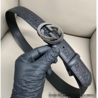 Top Design Gucci GG Embossed Grained Leather Belt 4cm with Interlocking G Buckle GG010902 Black/Gunmetal 2025