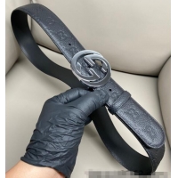 Discount Gucci GG Embossed Grained Leather Belt 4cm with Interlocking G Buckle GG010902 Black/Silver 2025