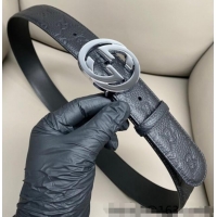 Discount Gucci GG Embossed Grained Leather Belt 4cm with Interlocking G Buckle GG010902 Black/Silver 2025