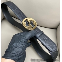 Inexpensive Gucci GG Embossed Grained Leather Belt 4cm with Interlocking G Buckle GG010902 Black/Gold 2025