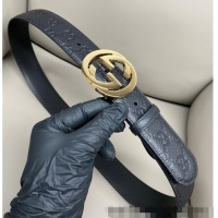 Inexpensive Gucci GG Embossed Grained Leather Belt 4cm with Interlocking G Buckle GG010902 Black/Gold 2025