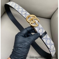 Big Discount Gucci GG Canvas and Leather Reversible Belt 3.7cm with Aged Gold GG Buckle GG010903 Blue/Beige/Black 2025
