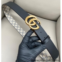 Big Discount Gucci GG Canvas and Leather Reversible Belt 3.7cm with Aged Gold GG Buckle GG010903 Blue/Beige/Black 2025