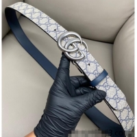 Promotional Gucci GG Canvas and Leather Reversible Belt 3.7cm with Aged Silver GG Buckle GG010903 Blue/Beige/Blue 2025