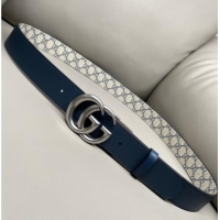 Promotional Gucci GG Canvas and Leather Reversible Belt 3.7cm with Aged Silver GG Buckle GG010903 Blue/Beige/Blue 2025