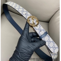 Low Cost Gucci GG Canvas and Leather Reversible Belt 3.7cm with Gold-Tone Interlocking G Buckle GG010903 Blue/Beige/Blue