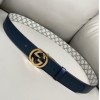 Low Cost Gucci GG Canvas and Leather Reversible Belt 3.7cm with Gold-Tone Interlocking G Buckle GG010903 Blue/Beige/Blue