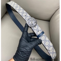 Well Crafted Gucci GG Canvas and Leather Reversible Belt 3.7cm with Silver-Tone Interlocking G Buckle GG010903 Blue/Beig