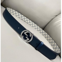 Well Crafted Gucci GG Canvas and Leather Reversible Belt 3.7cm with Silver-Tone Interlocking G Buckle GG010903 Blue/Beig