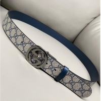 Grade Quality Gucci GG Canvas and Leather Reversible Belt 3.7cm with Gunmetal Interlocking G Buckle GG010903 Blue/Beige/