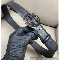 Grade Price Gucci Maxi GG Supreme Leather Belt 4cm with Gunmetal Interlocking G Buckle GG011002 Black 2025