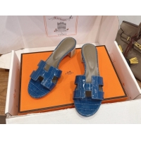 Popular Style Hermes Oasis Classic Heel Slides Sandal 4.5cm in Crocodile Embossed Leather Sky Blue 0304052