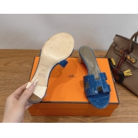 Popular Style Hermes Oasis Classic Heel Slides Sandal 4.5cm in Crocodile Embossed Leather Sky Blue 0304052