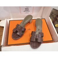 Shop Duplicate Hermes Oasis Classic Heel Slides Sandal 4.5cm in Crocodile Embossed Leather Chocolate 0304053