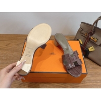 Shop Duplicate Hermes Oasis Classic Heel Slides Sandal 4.5cm in Crocodile Embossed Leather Chocolate 0304053